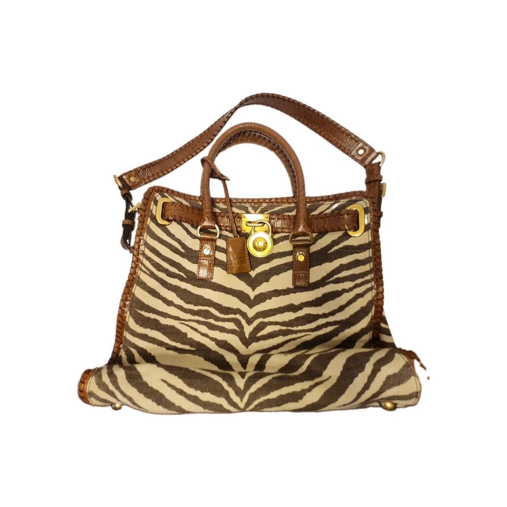 Michael Kors Hamilton Whipped Zebra Canvas Satchel Brown Leather Shoulder Bag